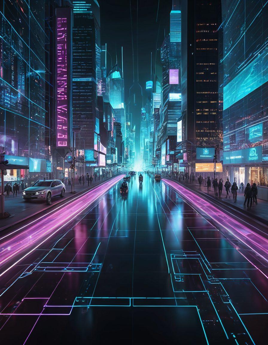 A futuristic digital landscape filled with holographic data streams, advanced robots scouting vast networks, and sleek, high-tech interfaces showing complex analytics. Highlight transparent grids representing cyberspace and vibrant, shifting data points. The scene should evoke a sense of strategic planning and advanced technology. 3D, cyberpunk, vibrant colors, high detail.